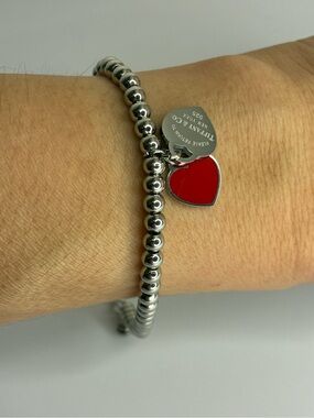 Vintage Silver Bead Bracelet with Red Heart Charm